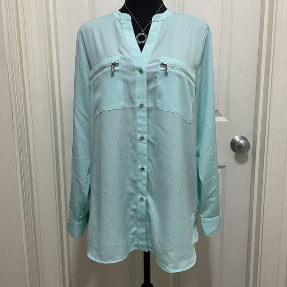 Calvin Klein Tops - Calvin Klein Aqua Turquoise Womens Medium Shirt V-Neck Roll Tab Sleeve Button Up